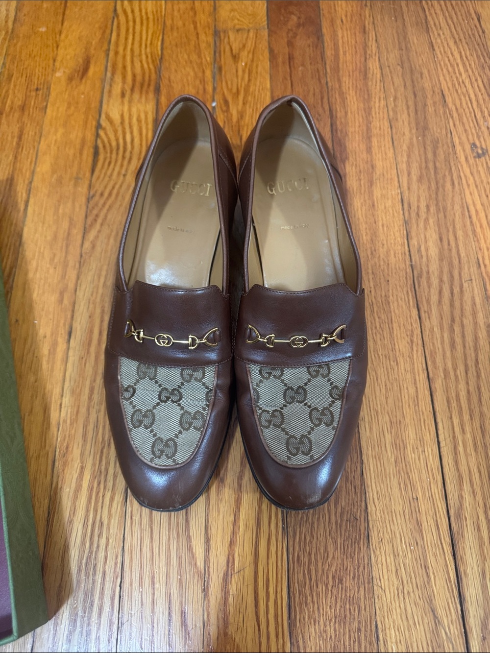 Gucci Brown Leather & Beige GG Canvas Horsebit Loafers with Green Box size 38.5